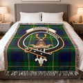 Clan Gordon woven cotton blanket with tartan crest and Bydand motto — premium Scottish heritage throw
