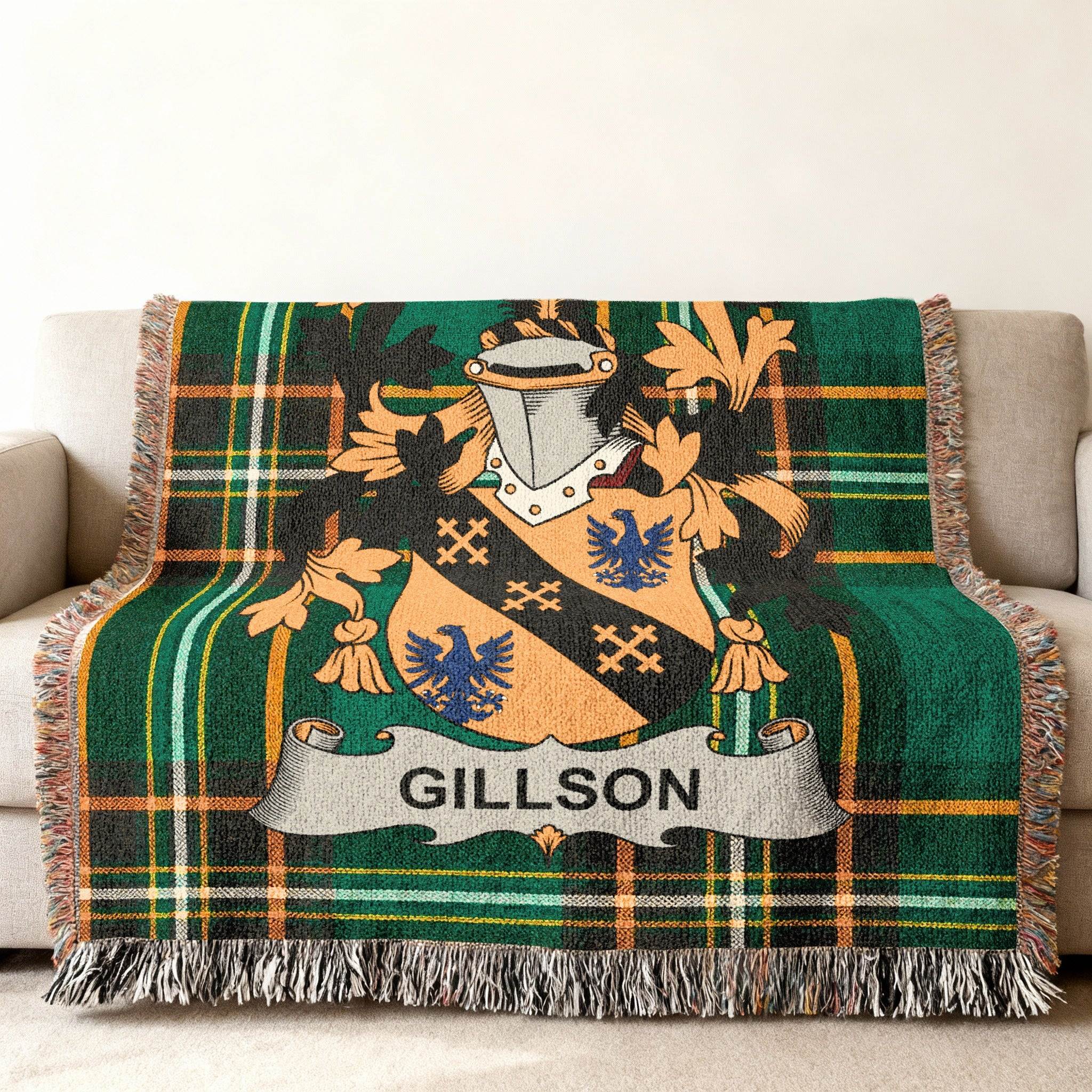 Tartan blanket with the Gillison family crest.