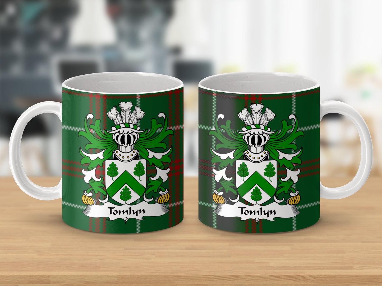 Tomlyn Welsh Surname Tartan Background Coat of Arms Mug - Living Stone Gifts