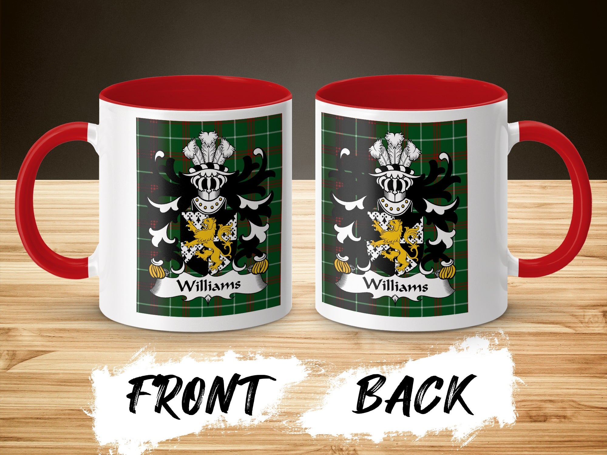 Two white mugs with red handles and interiors, each displaying the Williams family crest on a tartan background.