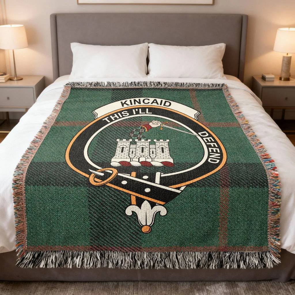 Kincaid This I'll Defend clan crest woven blanket — heirloom cotton
