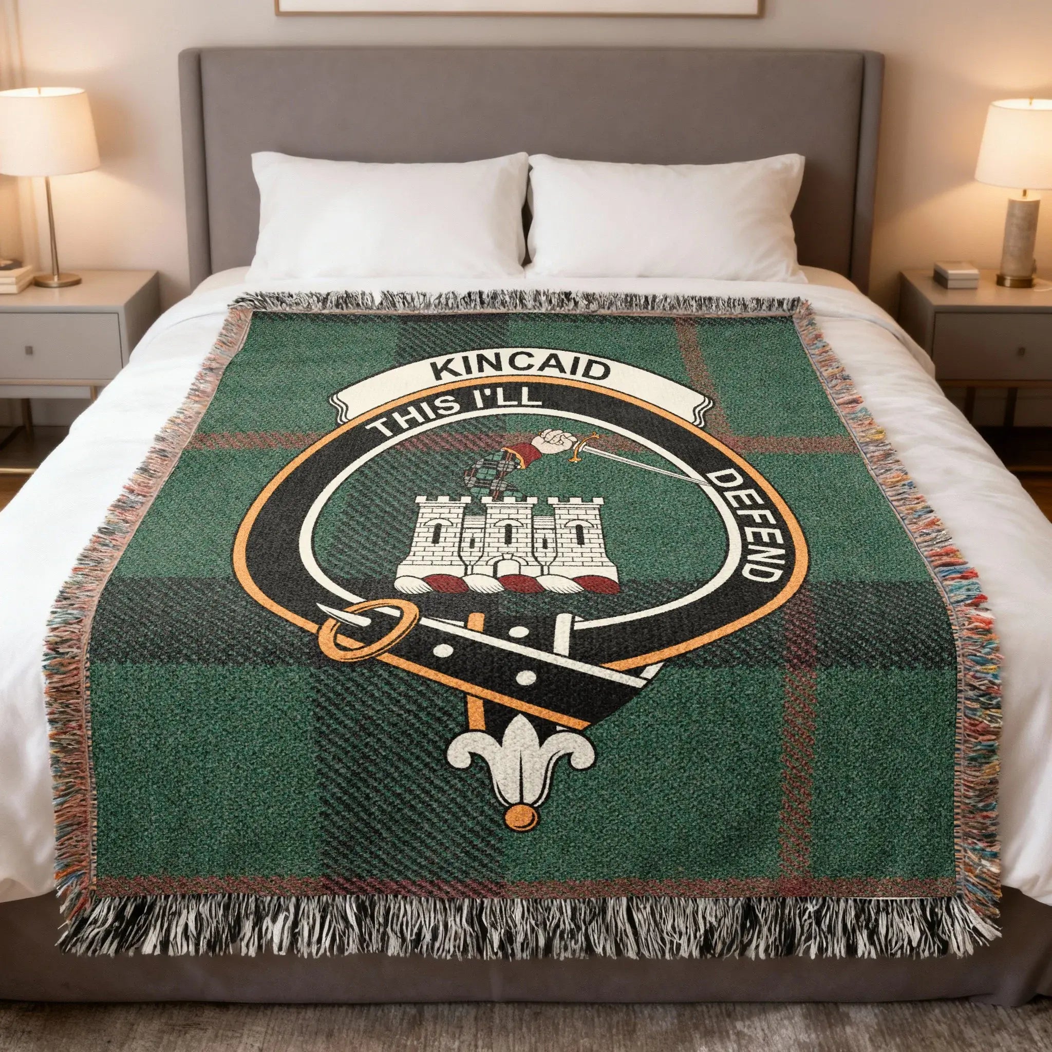 Kincaid This I'll Defend clan crest woven blanket — heirloom cotton