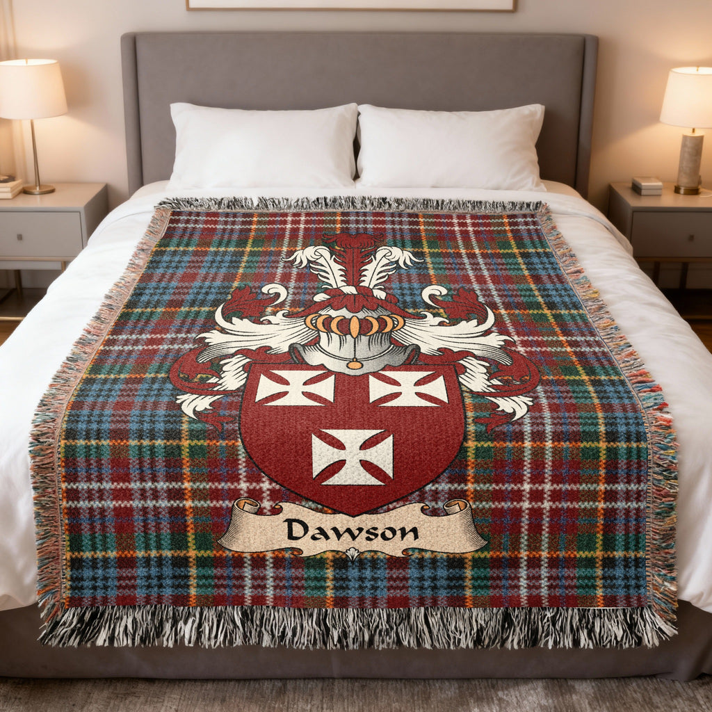 Dawson Caledonia tartan heritage woven throw blanket with family shield