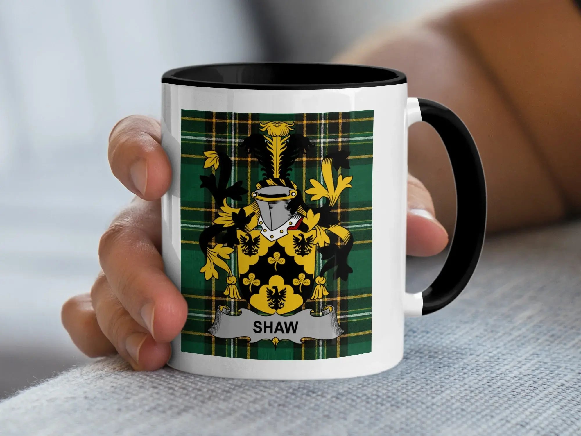 Shaw Irish family crest black accent mug with Irish National Tartan