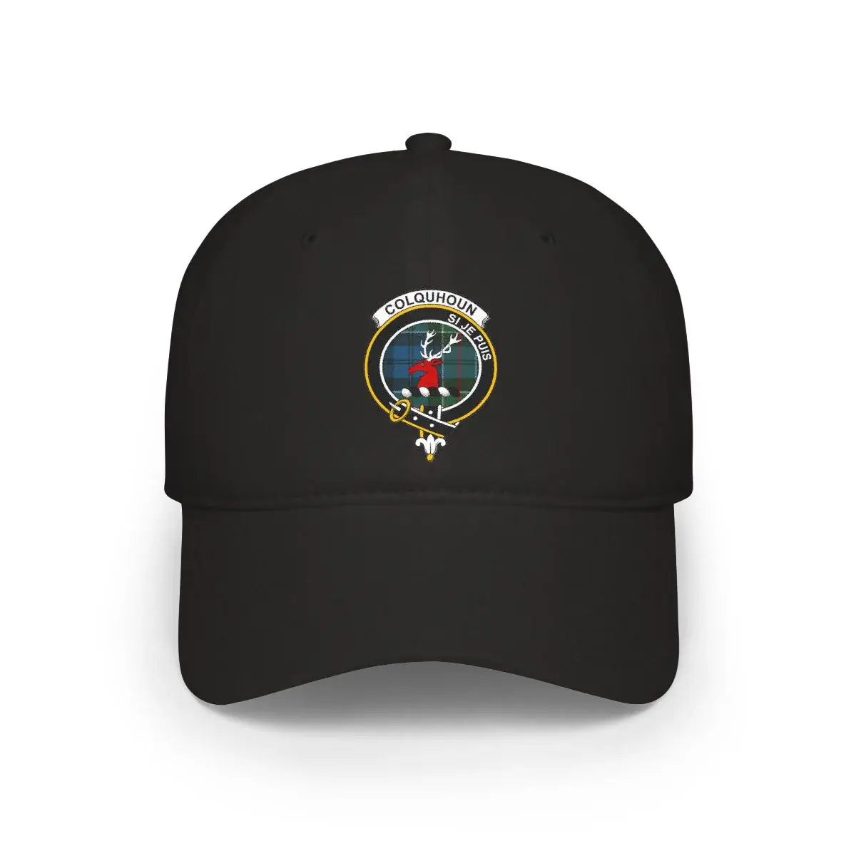 Colquhoun Si Je Puis clan crest cap — heraldic stag design on cotton front panel