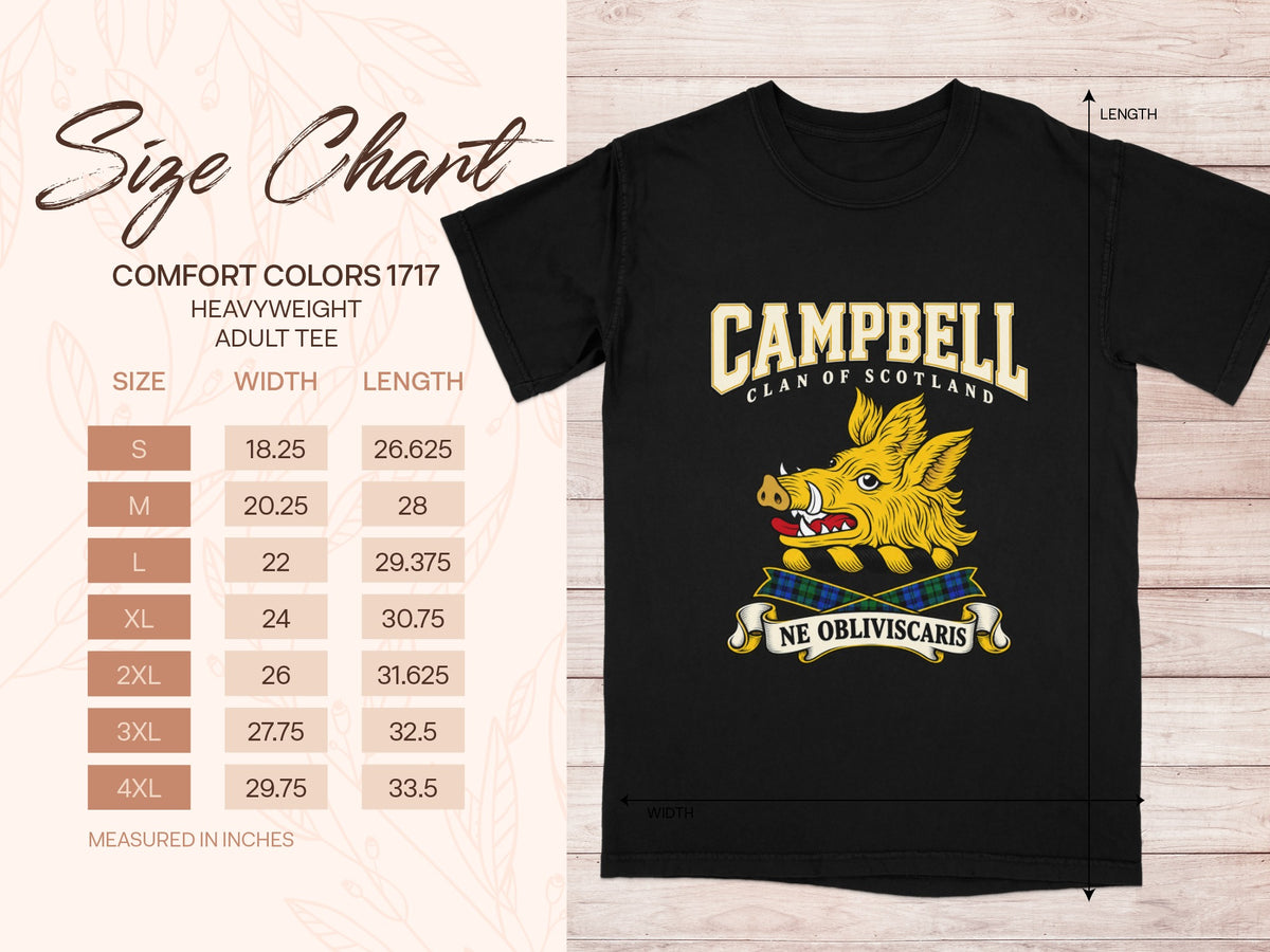 Comfort Colors 1717 size chart with shirt width and length in inches for sizes S to 4XL, beside the Campbell design.