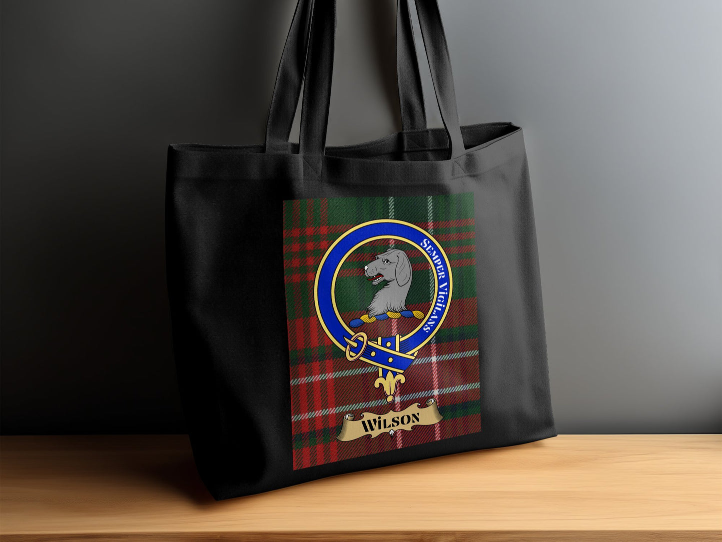 Scottish Clan Crest on Tartan Background Wilson Tote Bag - Living Stone Gifts