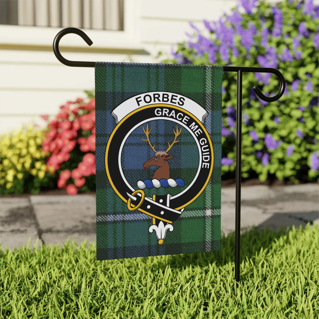 Forbes clan tartan garden flag 24x32 — Grace Me Guide stag crest, larger outdoor size