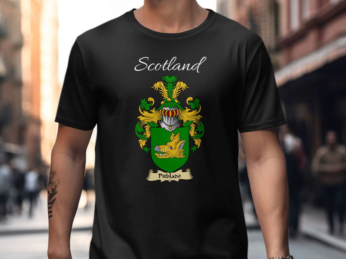 Model wearing the black Pitblado Scottish surname T-shirt with family crest artwork.