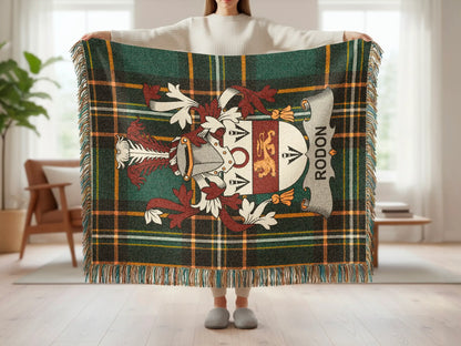 Tartan blanket with Rodon crest featuring lion and shield.