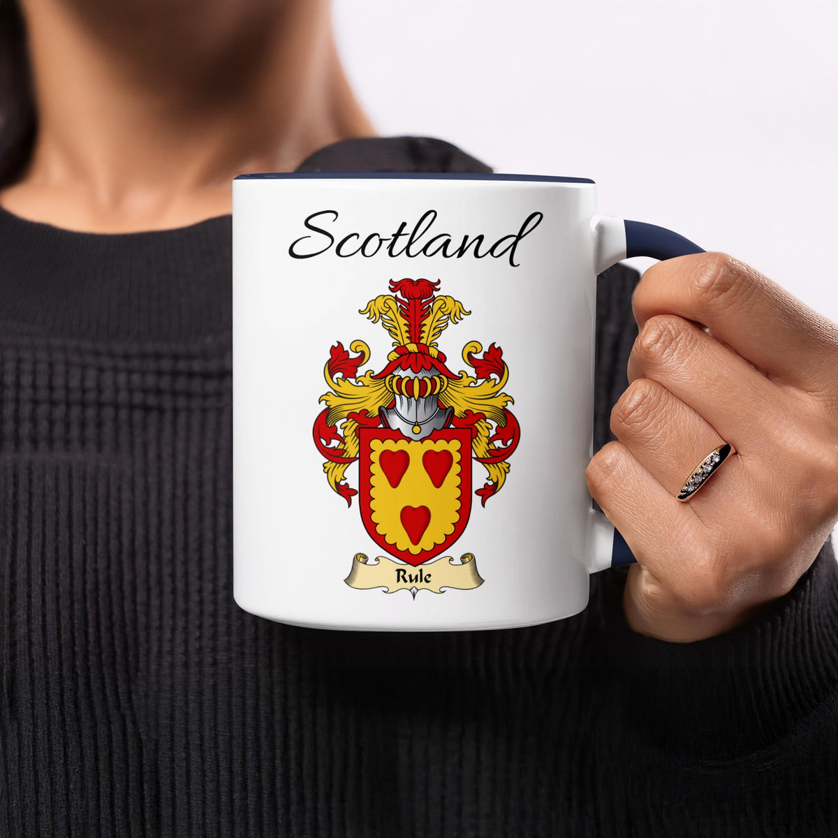 Rule 11 oz Scottish family crest ceramic mug showing a Scotland-topped heraldic emblem
