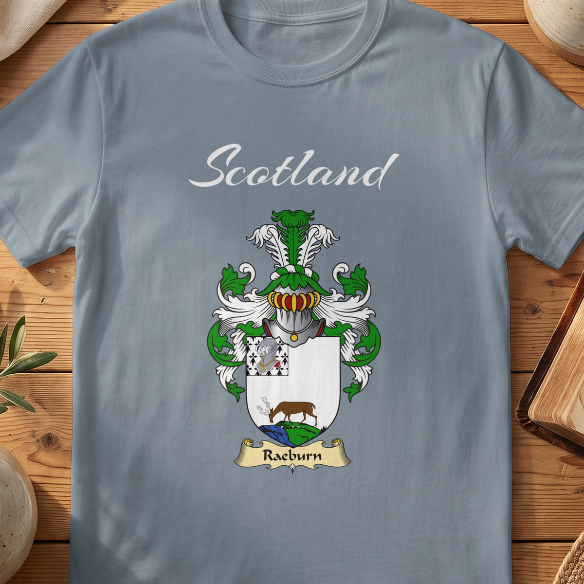 Raeburn Scottish family shield T-shirt in Stone Blue