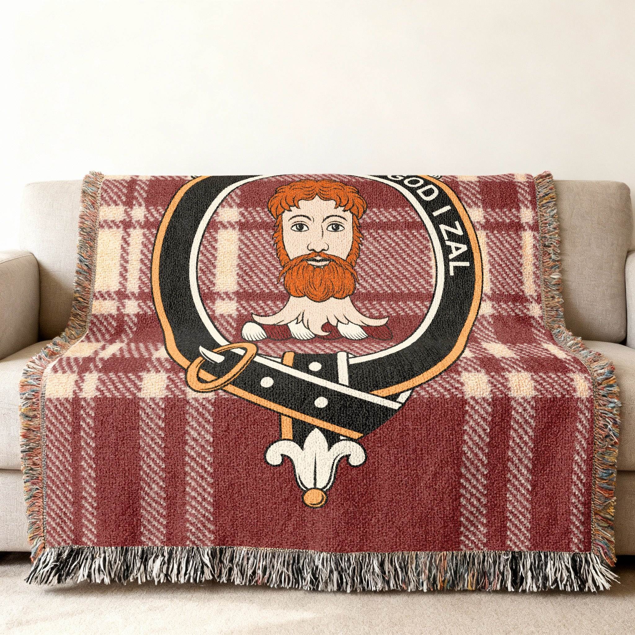 Menzies red and white clan tartan woven blanket draped — Vil God I Zal crest cotton throw