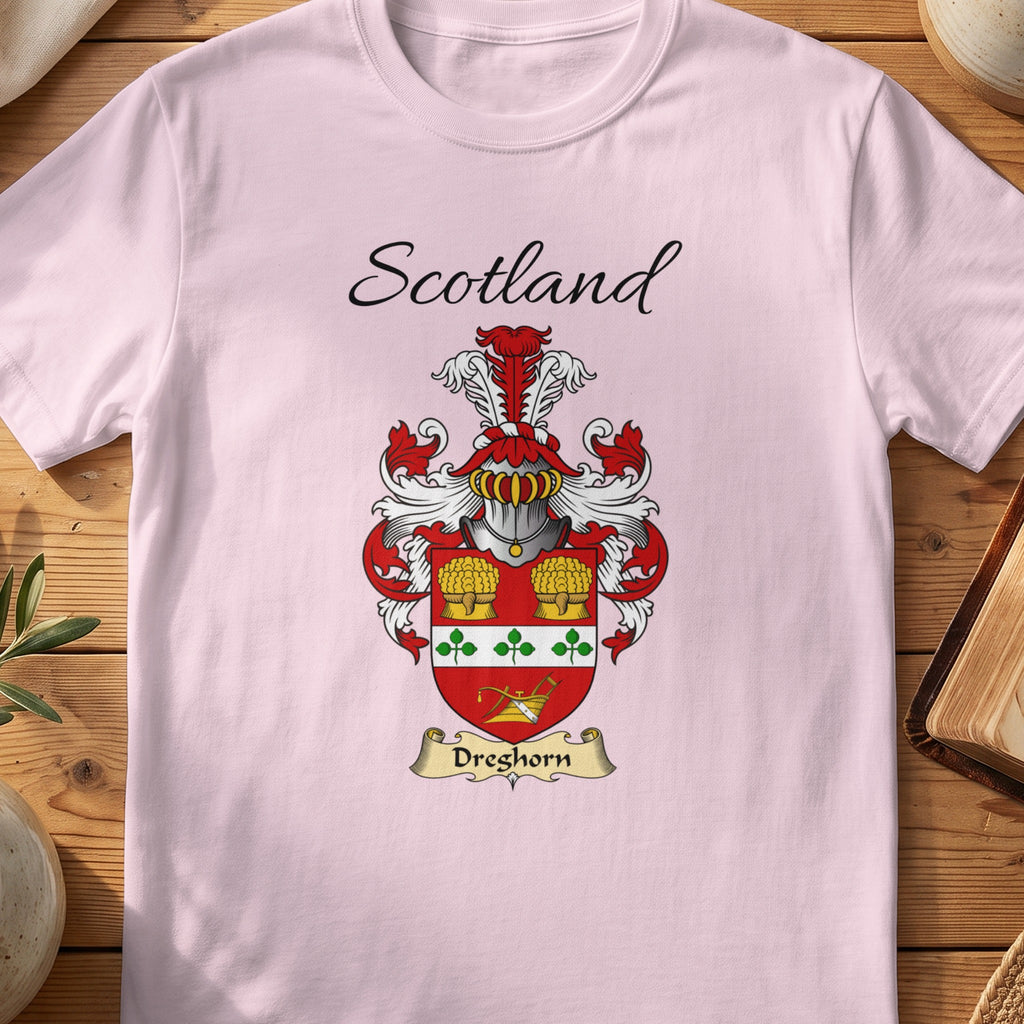 Light Pink Dreghorn Scottish family shield T-shirt featuring a red shield with a clover-patterned white band