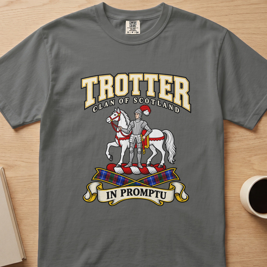 Trotter clan T-shirt in gray, front view with armored figure beside a white horse