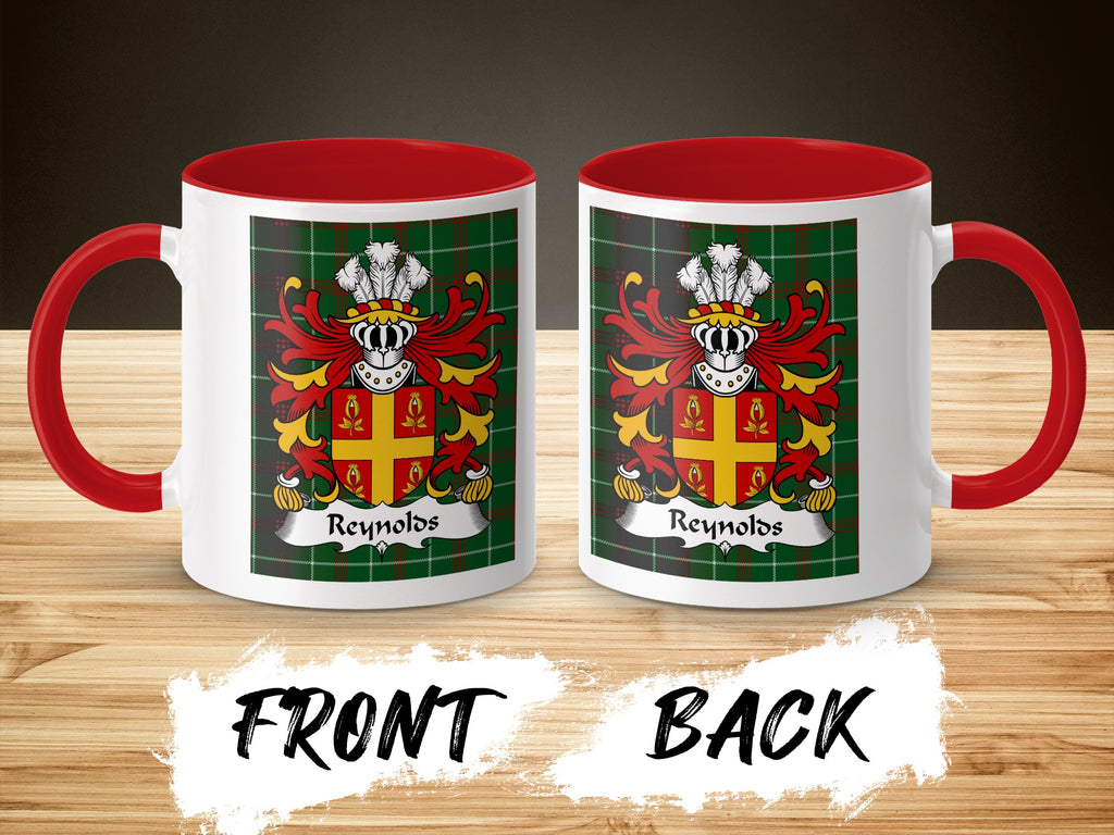 Two white mugs with red handles and rims, each featuring the Reynolds crest on a green tartan background.