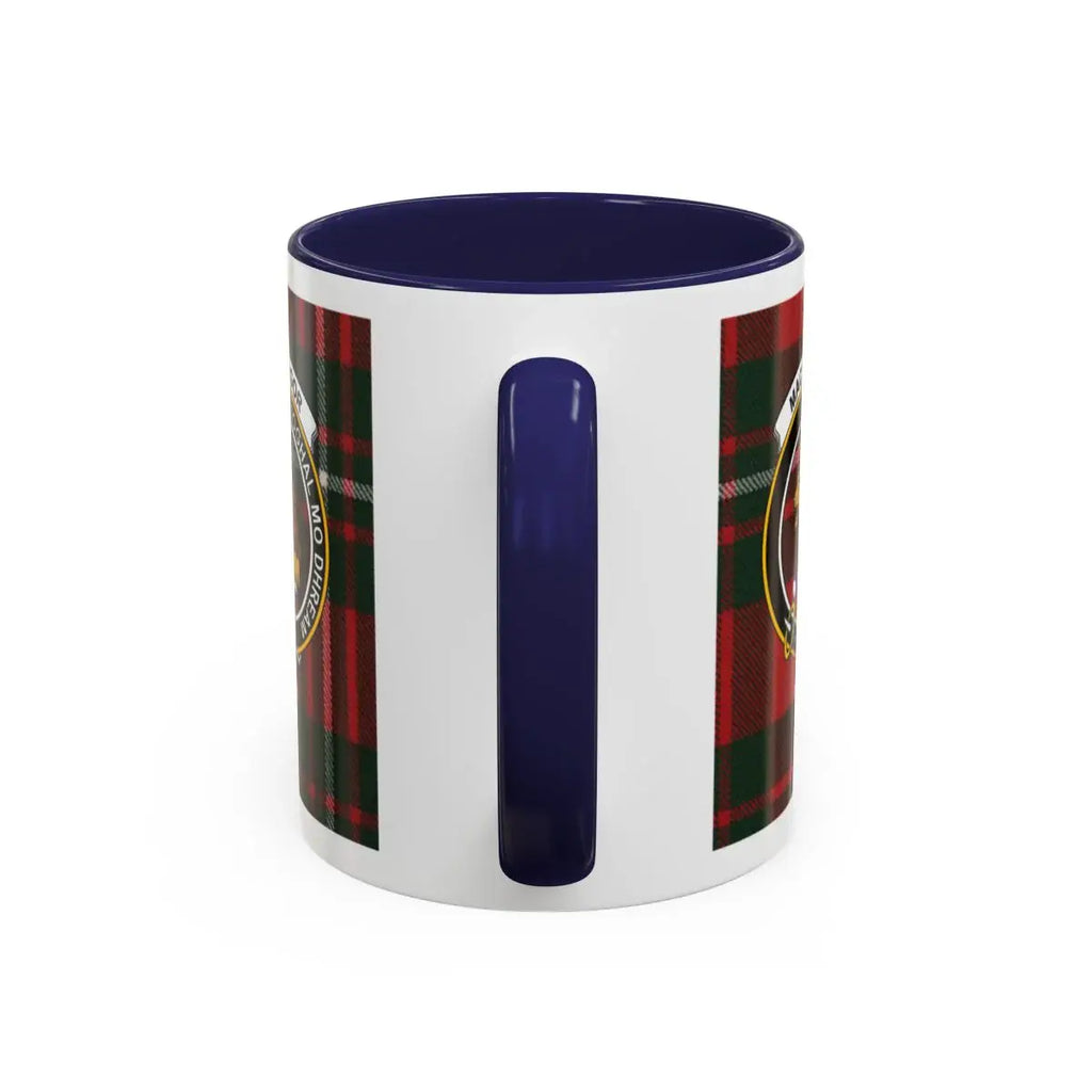 MacGregor clan crest tartan mug with blue handle — 11oz ceramic, Royal is My Race motto