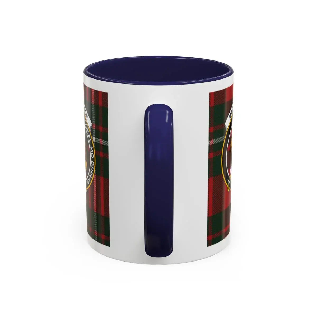 MacGregor clan crest tartan mug with blue handle — 11oz ceramic, Royal is My Race motto