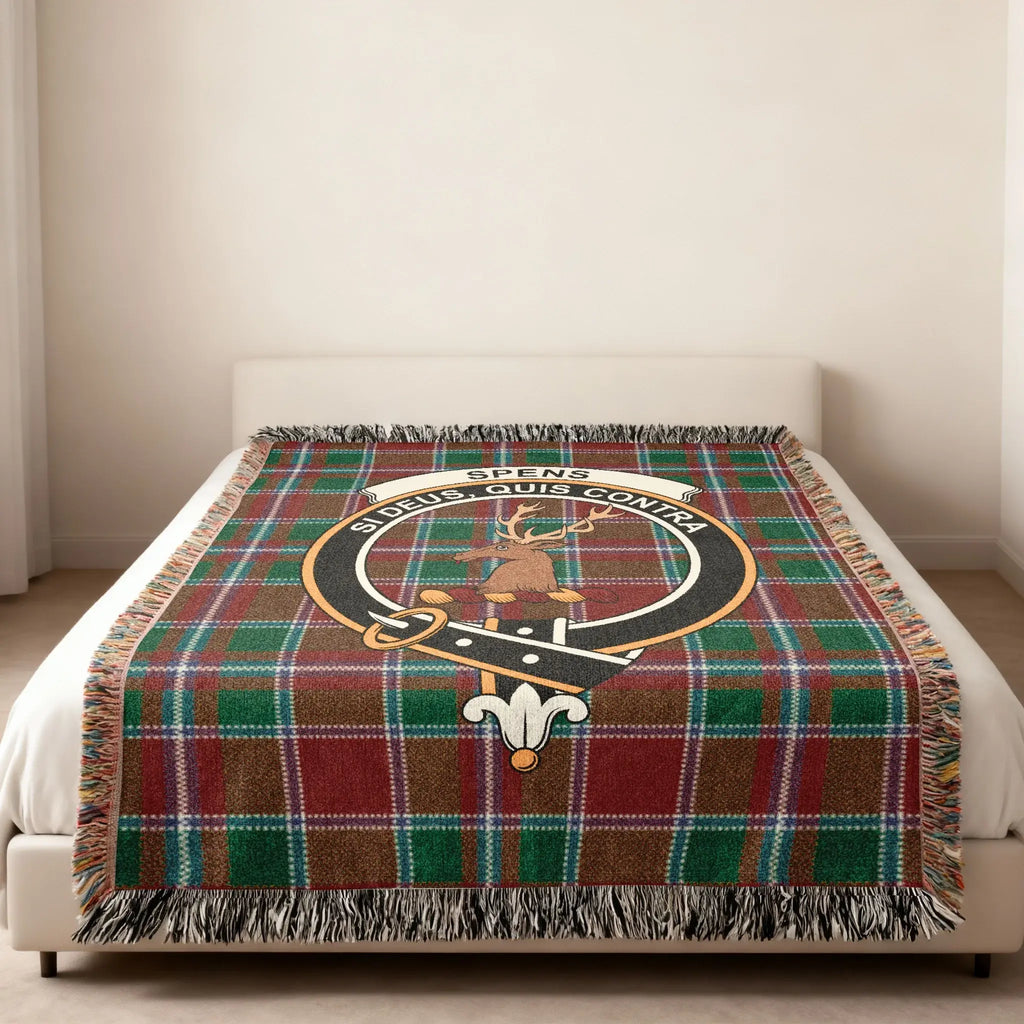 Spens tartan blanket with deer crest design — woven cotton, fringe edge