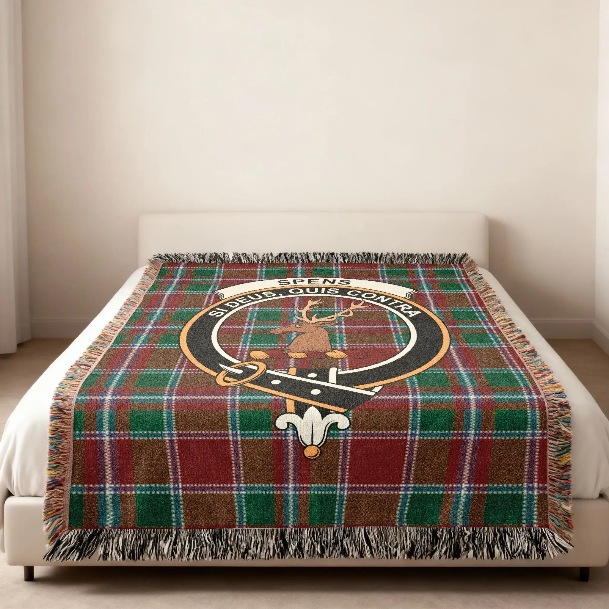 Spens tartan blanket with deer crest design — woven cotton, fringe edge