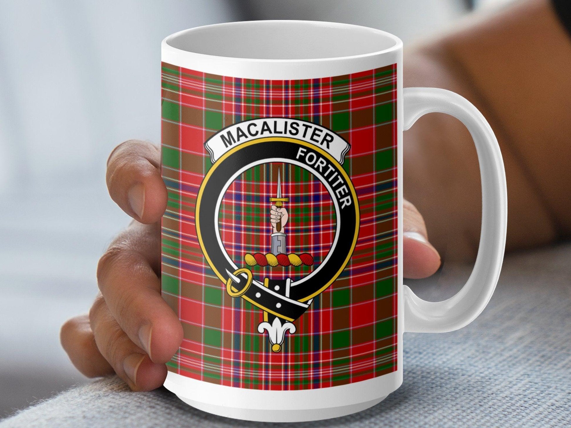 Clan MacAlister Fortiter Crest Plaid Tartan Design Mug - Living Stone Gifts