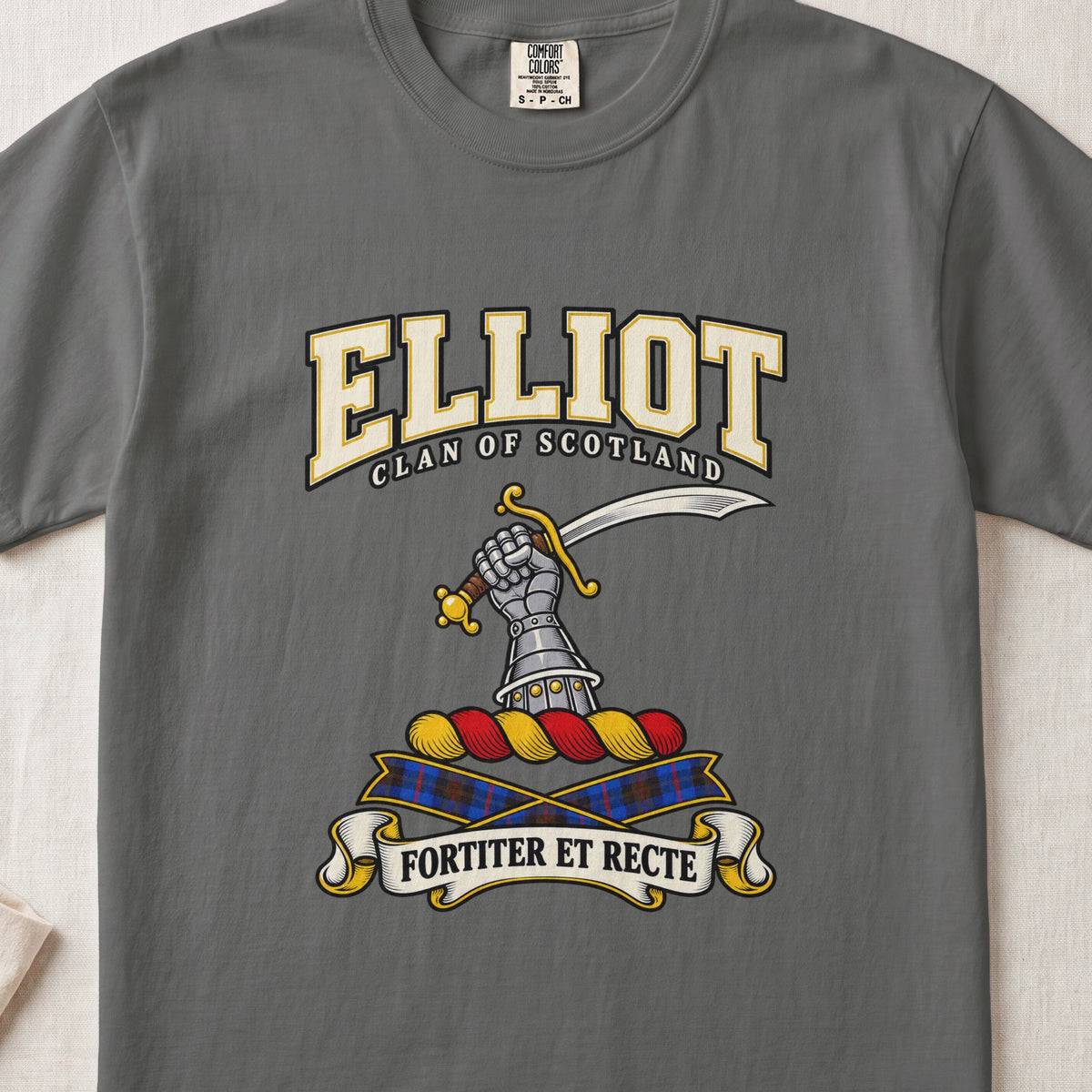 Elliot Scottish clan graphic T-shirt in Pepper, front view
