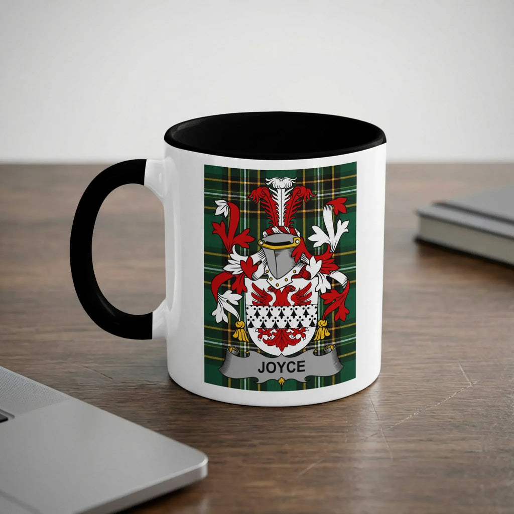 Joyce Irish heritage mug with black handle and family crest