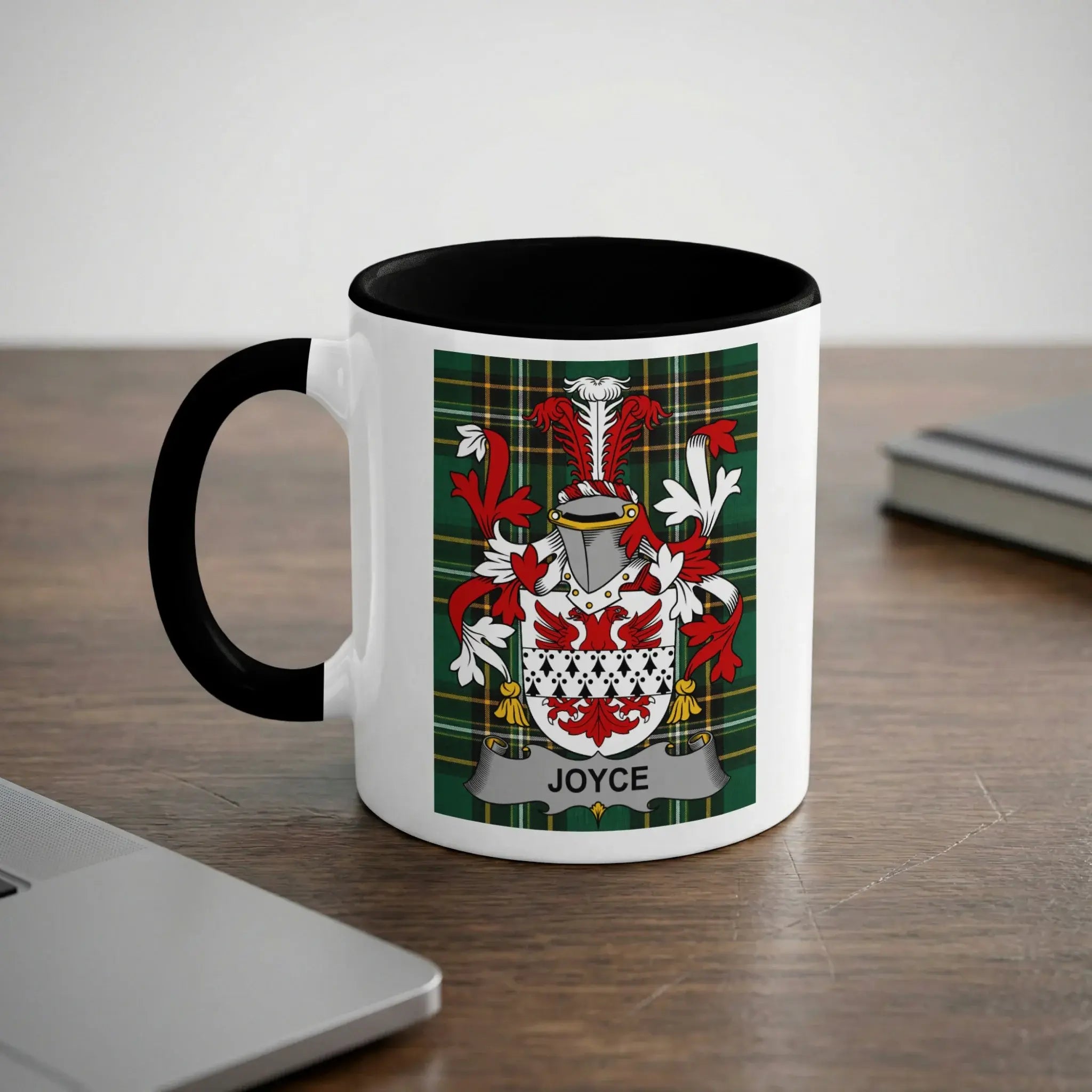 Joyce Irish heritage mug with black handle and family crest