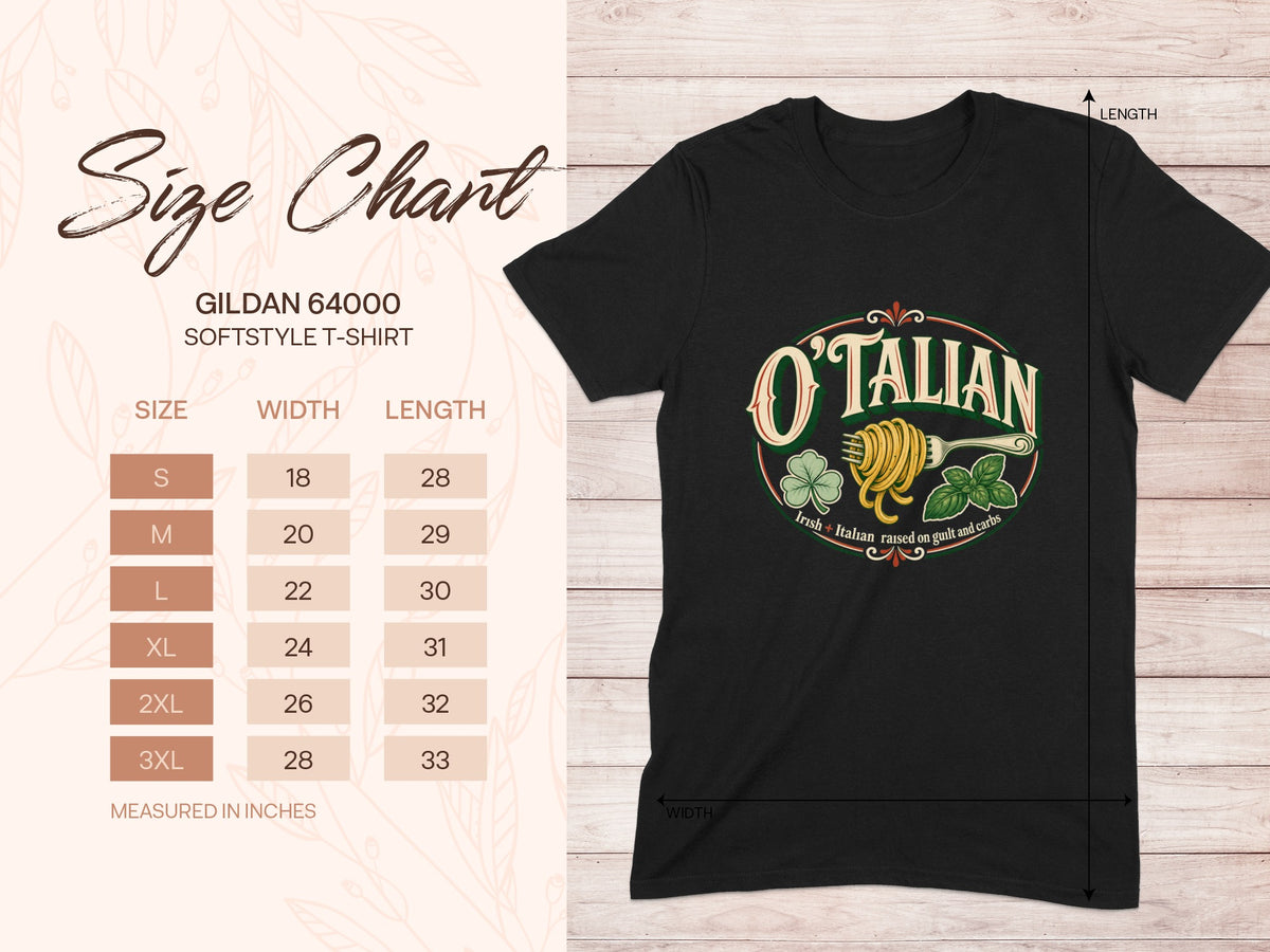 Gildan 64000 unisex T-shirt size chart with width and length measurements