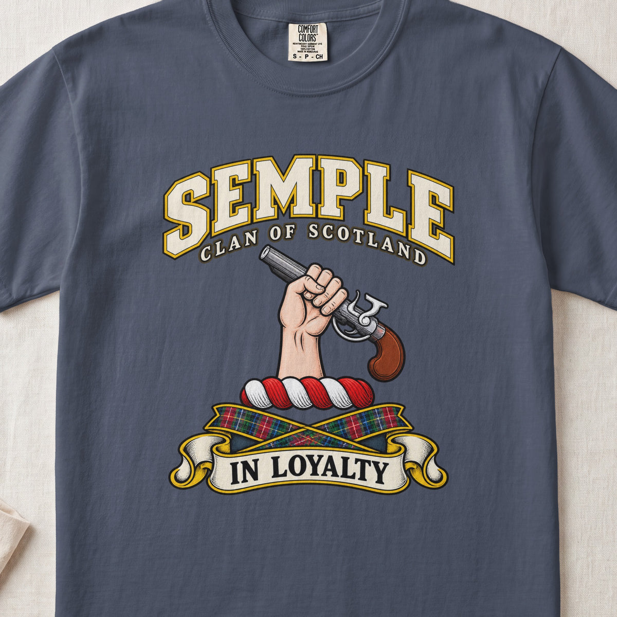 Semple Scottish clan T-shirt in Midnight, front view with a hand holding a flintlock pistol and motto banner.