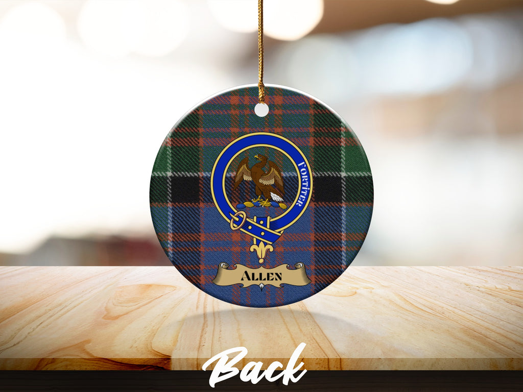 Allen clan tartan ornament with gold hanging string on wooden surface