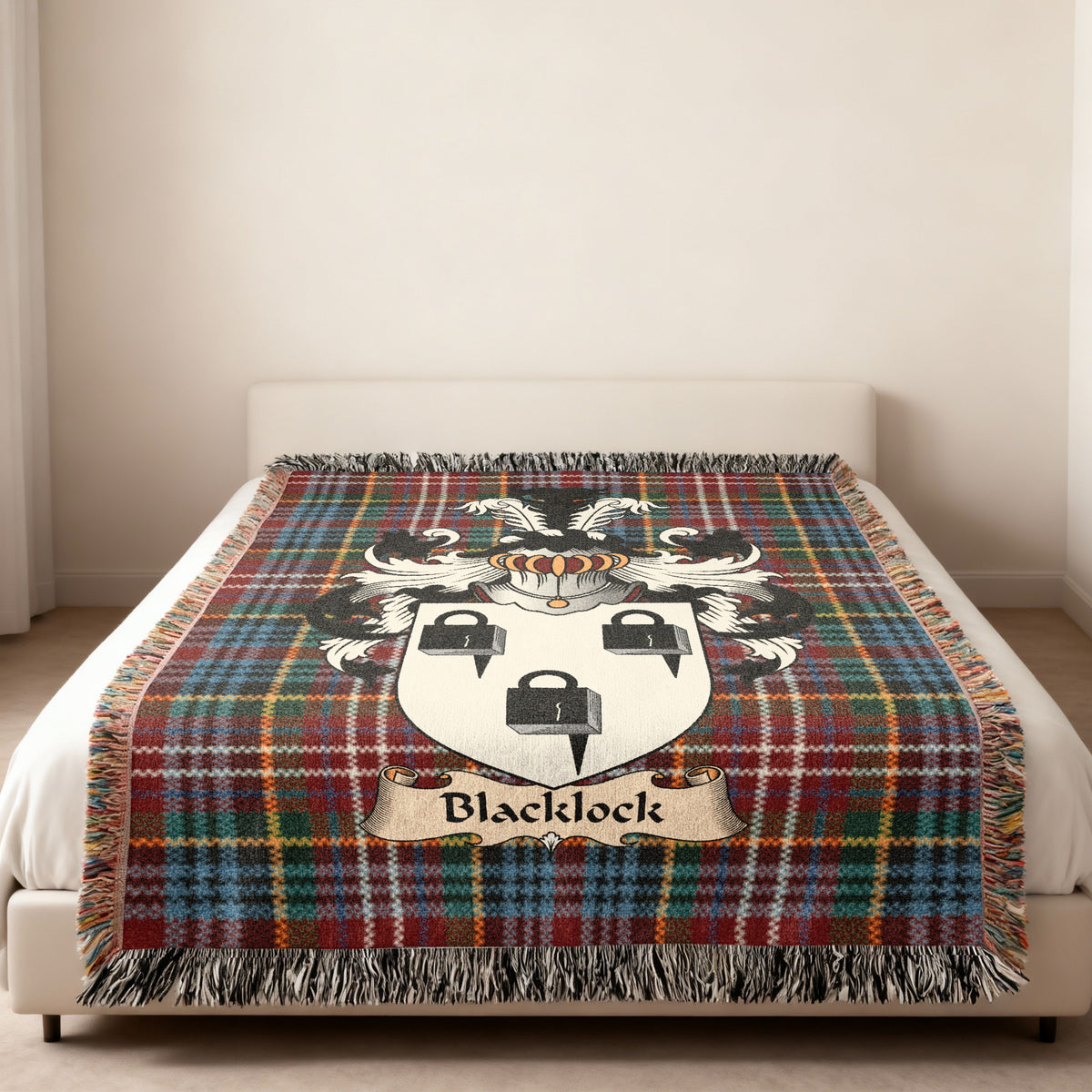 Blacklock Caledonia tartan heritage woven throw blanket with family shield