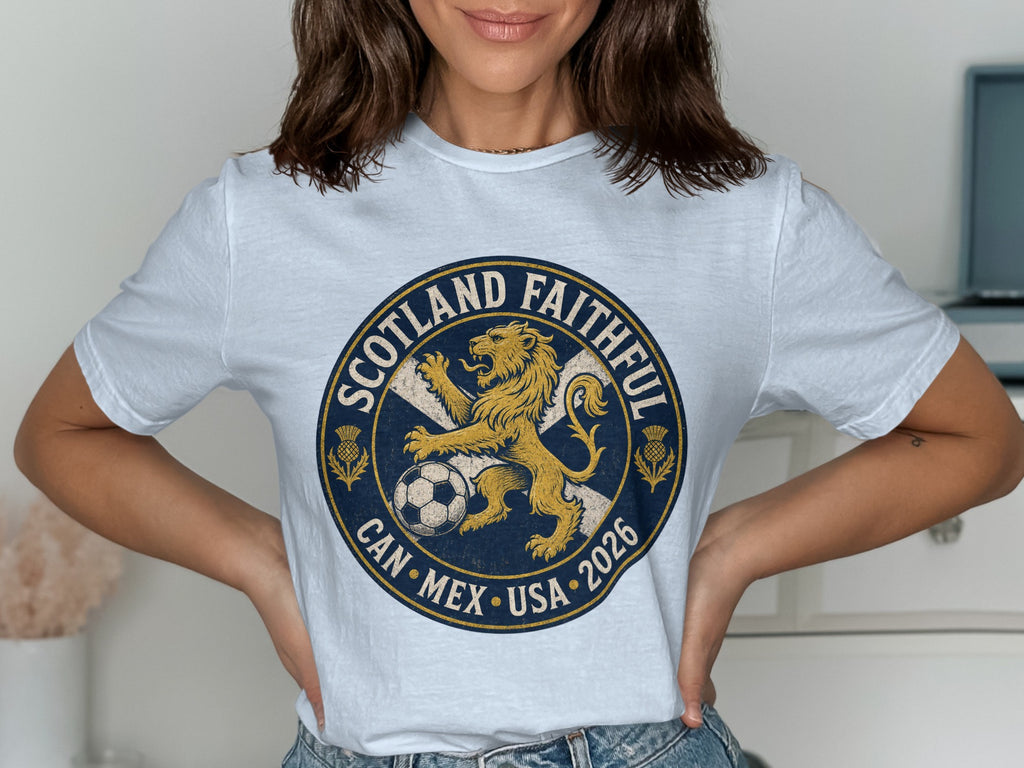 White t-shirt with Scotland Faithful Can Mex USA 2026 crest.