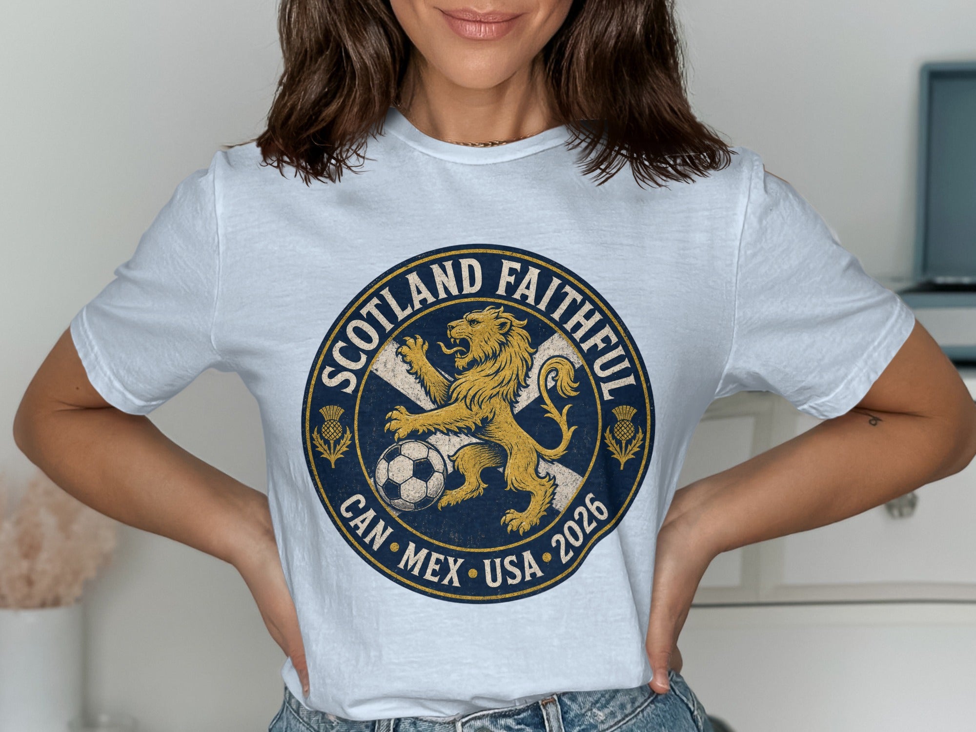 White t-shirt with Scotland Faithful Can Mex USA 2026 crest.