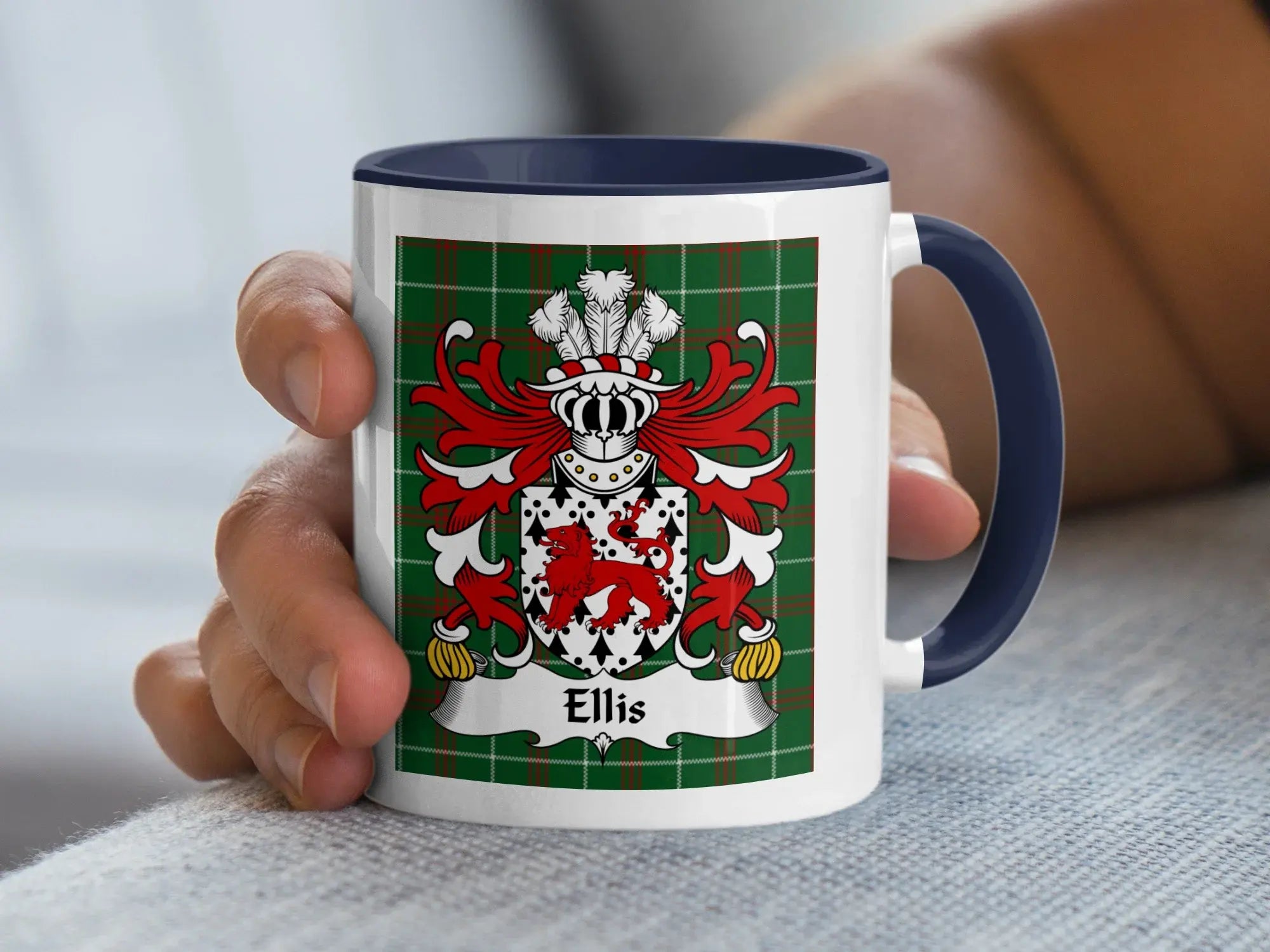 Ellis Welsh family crest mug with navy rim and red and white crest on tartan