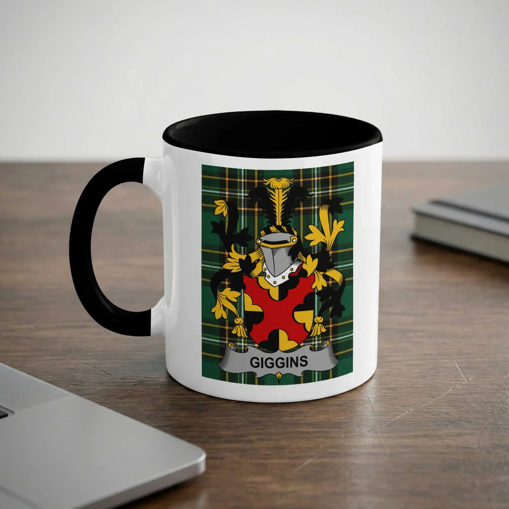 White mug with black handle features the Giggins family crest.