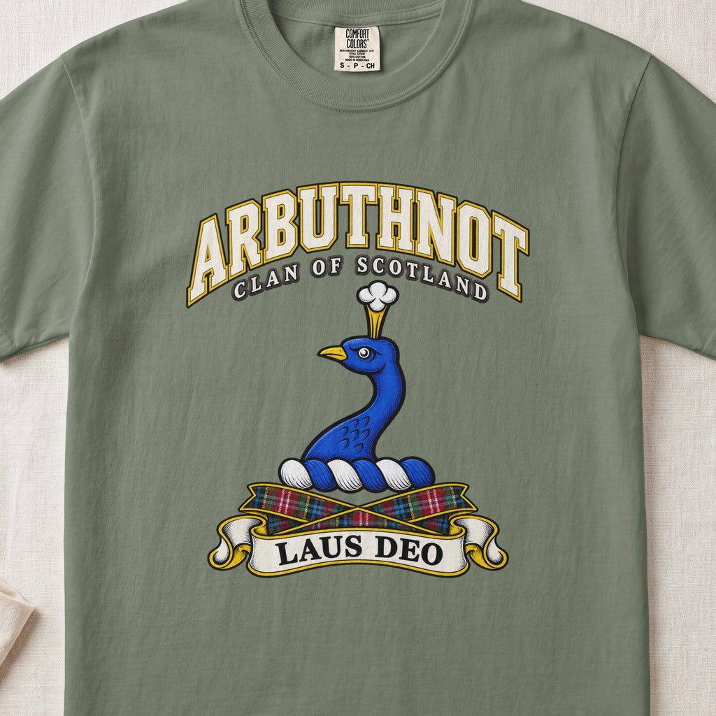 Arbuthnot Scottish clan T-shirt in Moss, front view with a blue peacock head and neck and motto design.