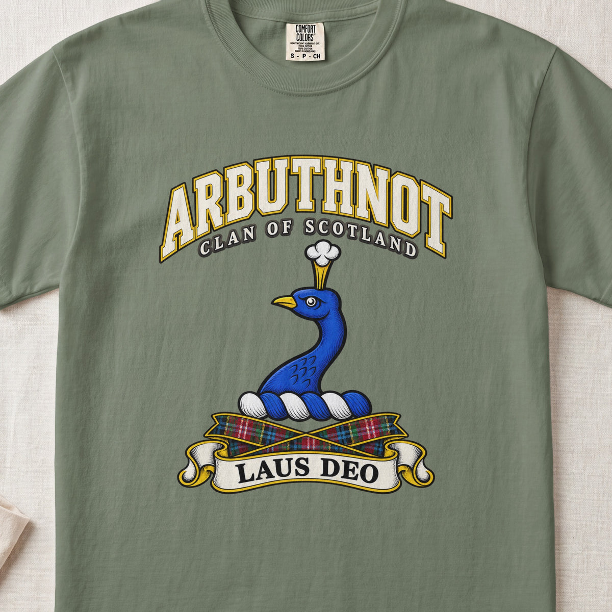 Arbuthnot Scottish clan T-shirt in Moss, front view with a blue peacock head and neck and motto design.