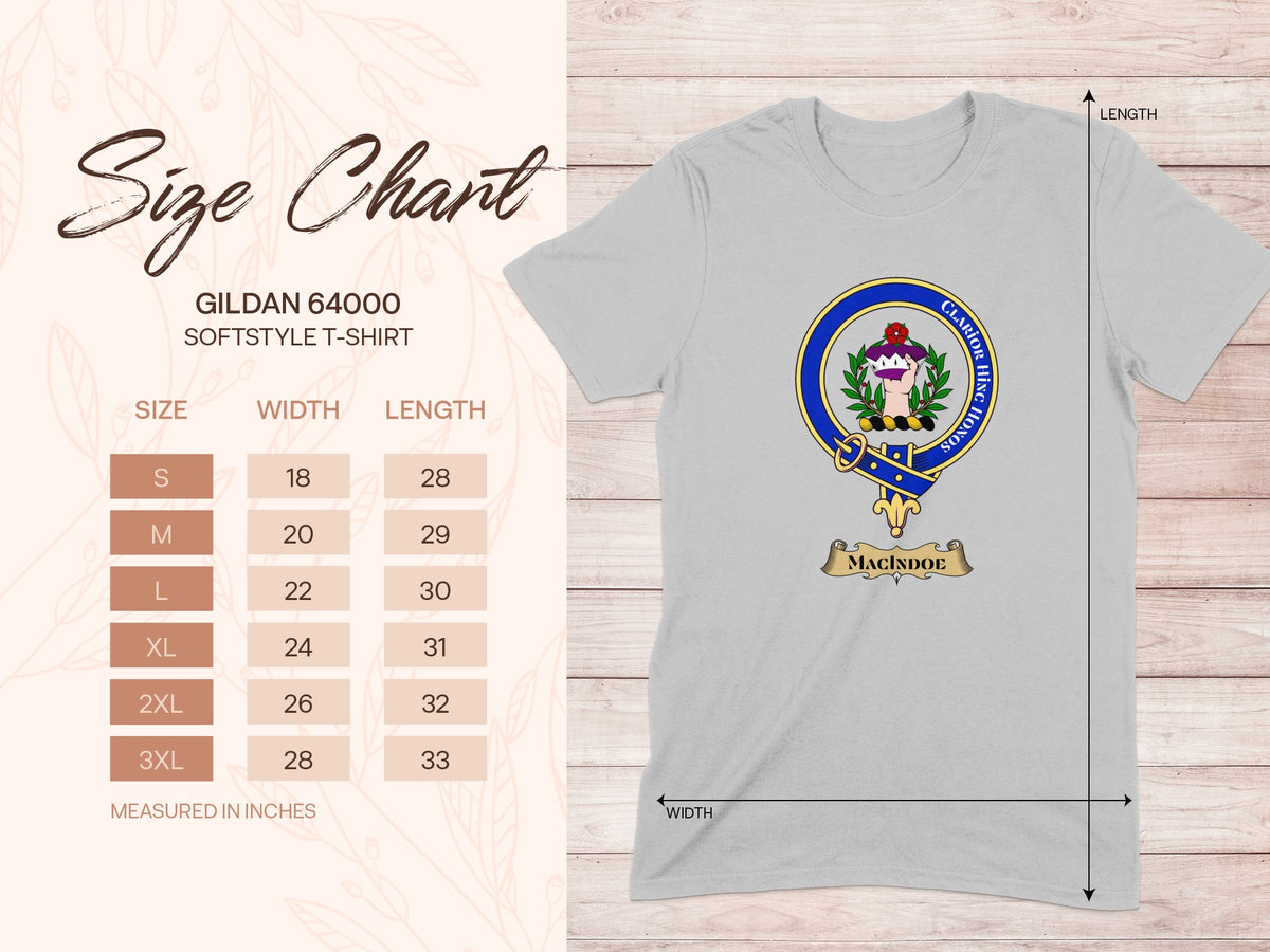Gildan 64000 size chart for MacIndoe Scottish clan crest T-shirt