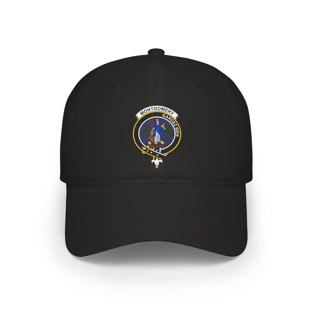 Montgomery Gardez Bien emblem cap in black — clan crest printed on cotton baseball cap panel