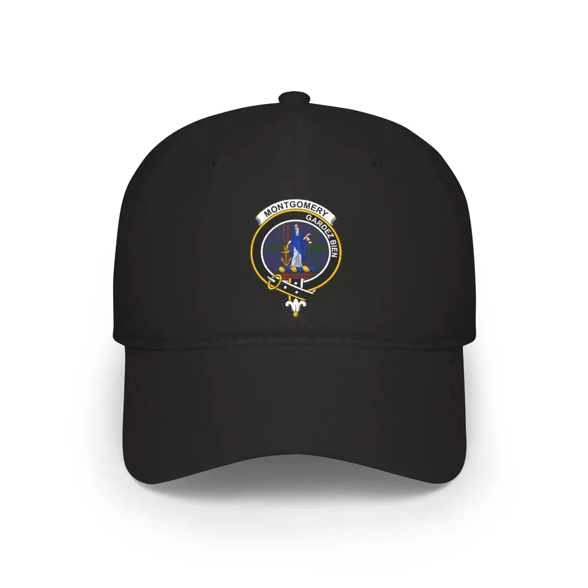 Montgomery Gardez Bien emblem cap in black — clan crest printed on cotton baseball cap panel