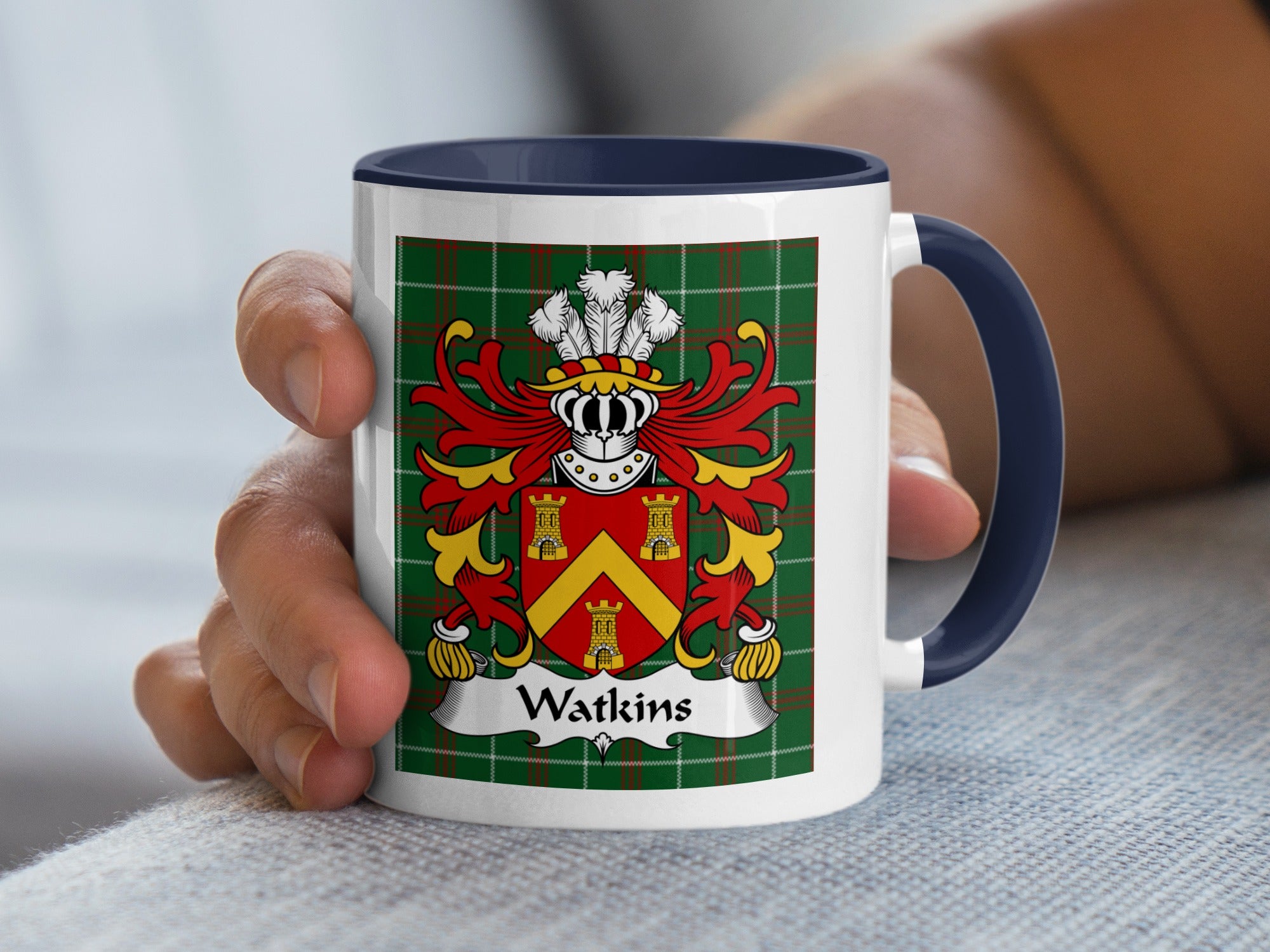 Watkins Welsh family crest mug with navy handle and coat of arms on plaid tartan