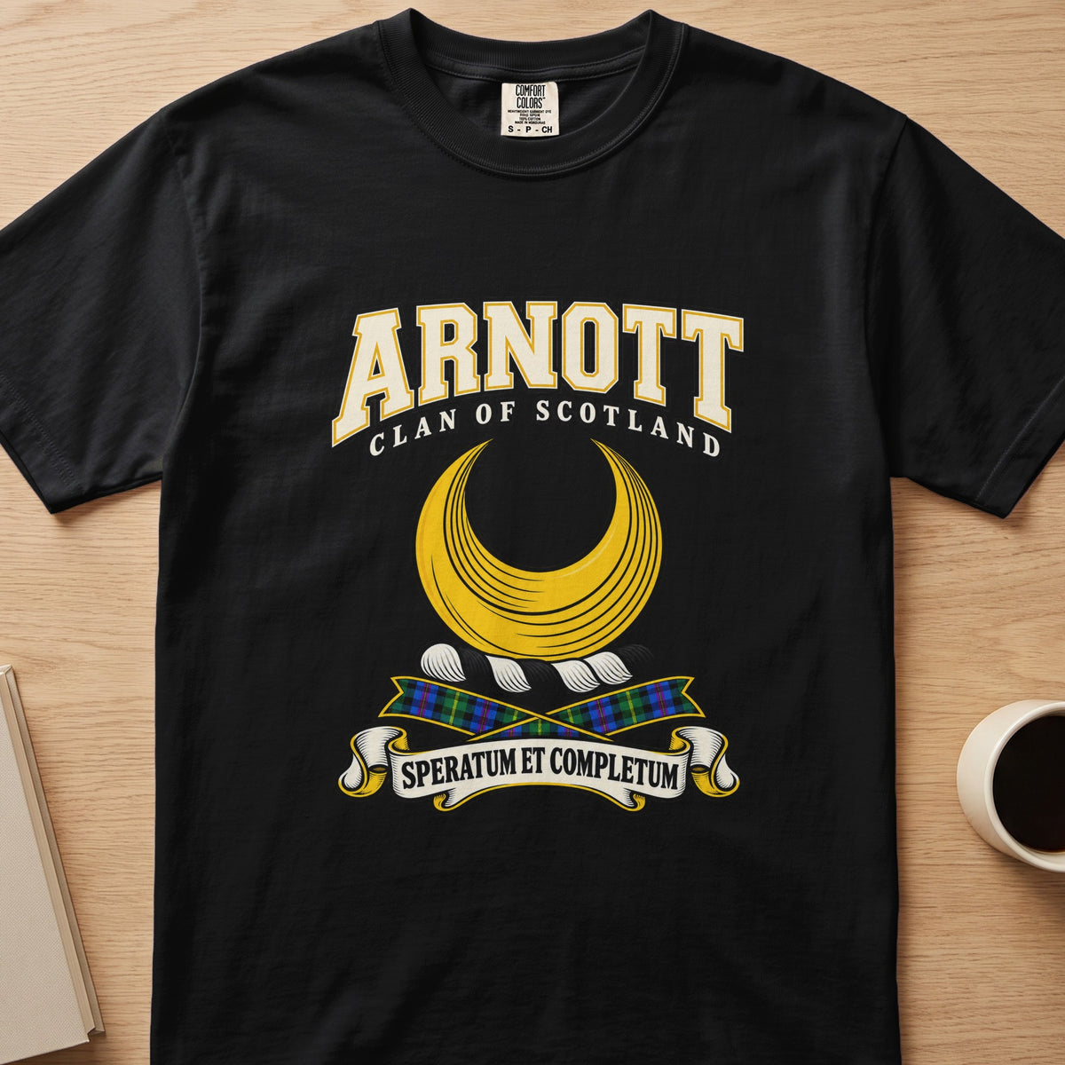 Arnott clan T-shirt in black, front view with large gold crescent