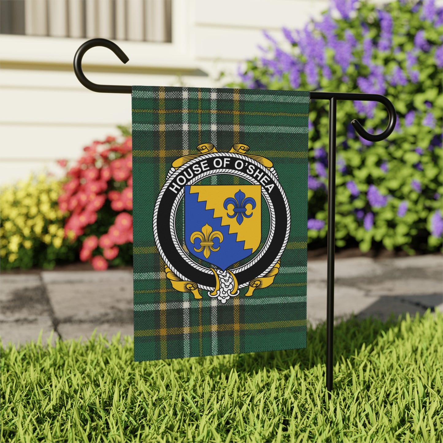 House of O'Shea Crest Plaid Garden Flag