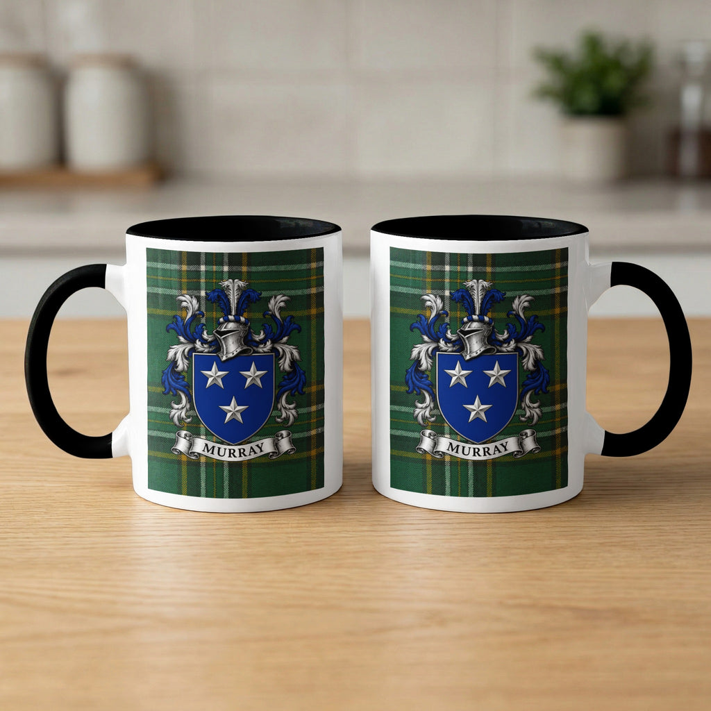 Pair of Murray Irish National Tartan family crest mugs with black handles and rims