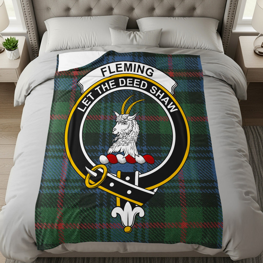 Fleming clan tartan throw with goat crest and motto — full front view