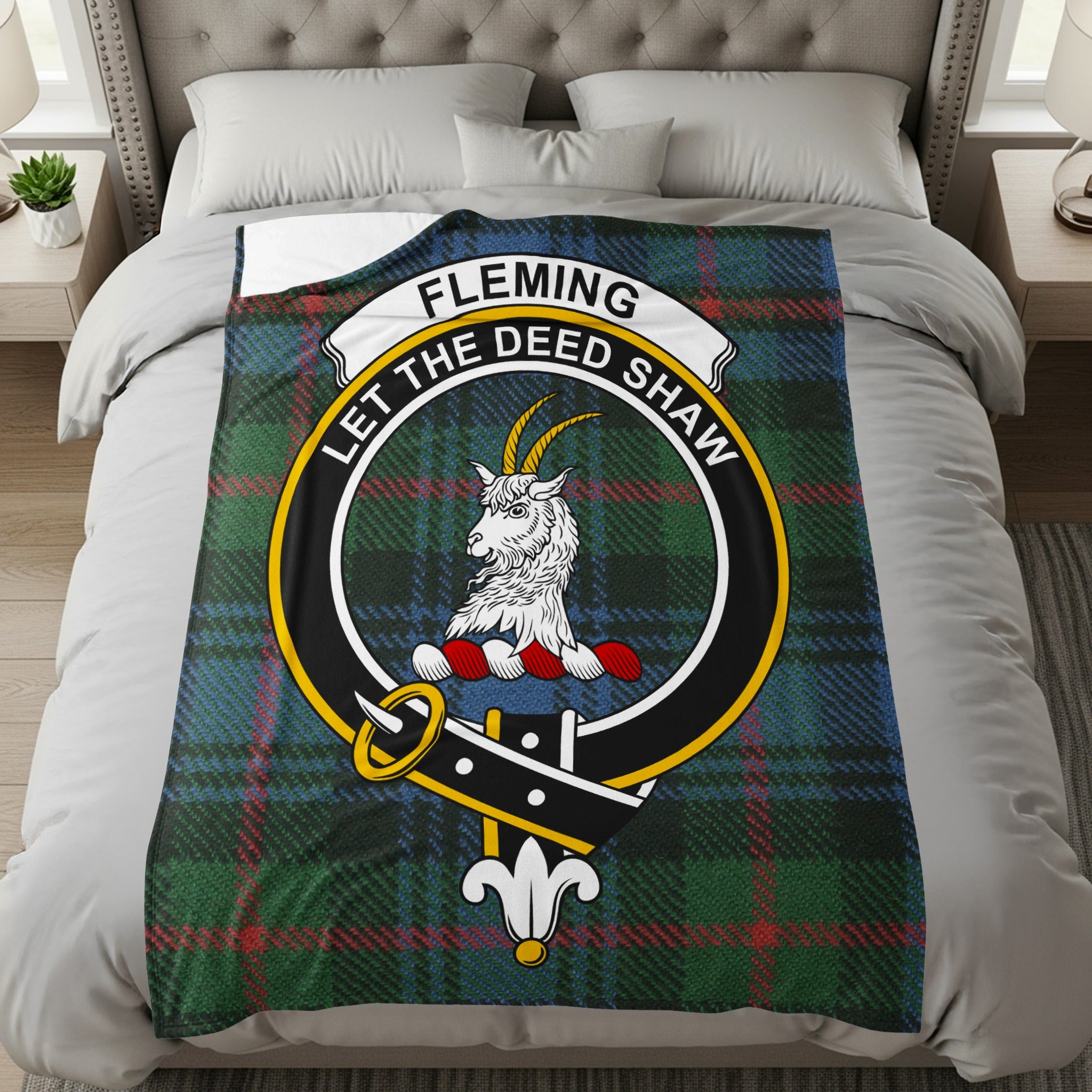 Fleming clan tartan throw with goat crest and motto — full front view