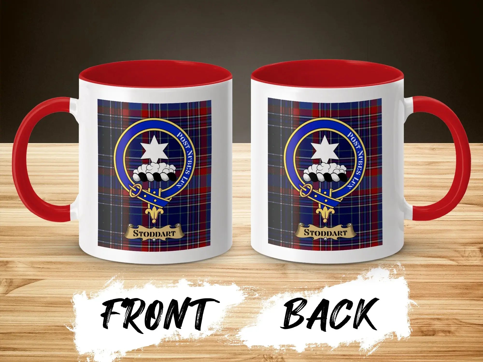 Stoddart tartan-background crest mug shown as a Scottish heritage gift