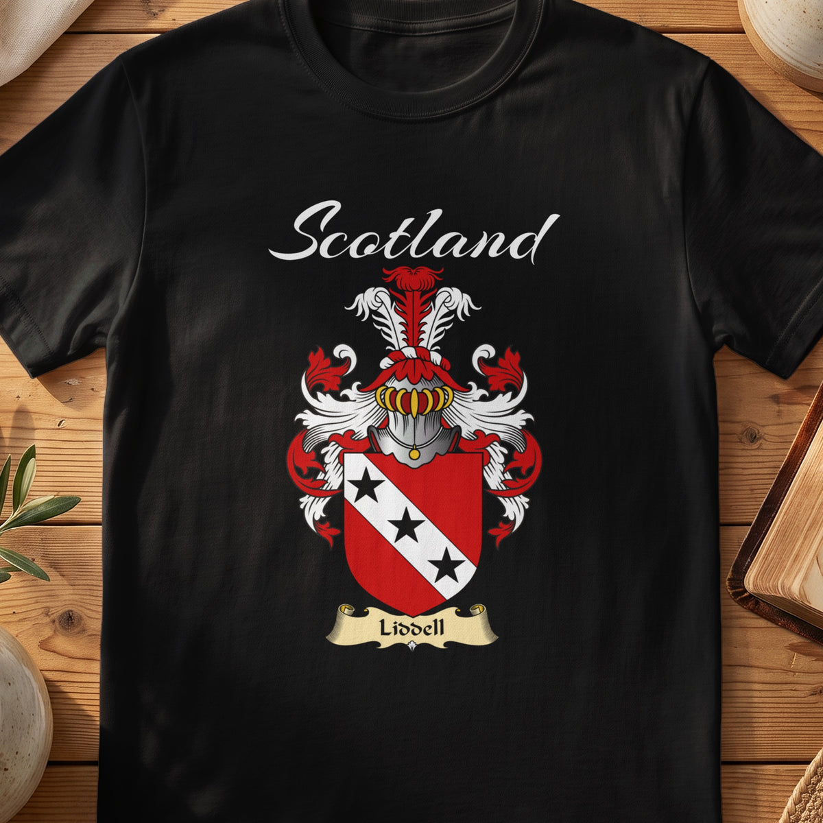 Black Liddell Scottish T-shirt featuring a white diagonal band carrying three black stars