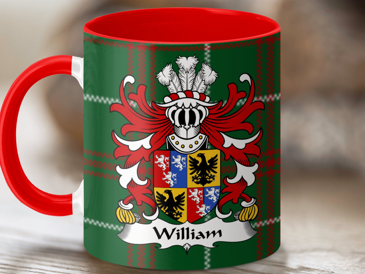 William Coat of Arms on Welsh National Tartan Background Mug - Living Stone Gifts